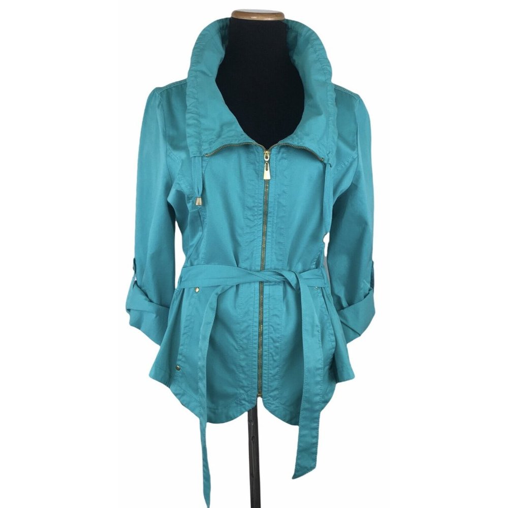 The Real Truth 100% Cotton Turquoise Full Zip Tie Waist Tab Sleeve Jacket Size M